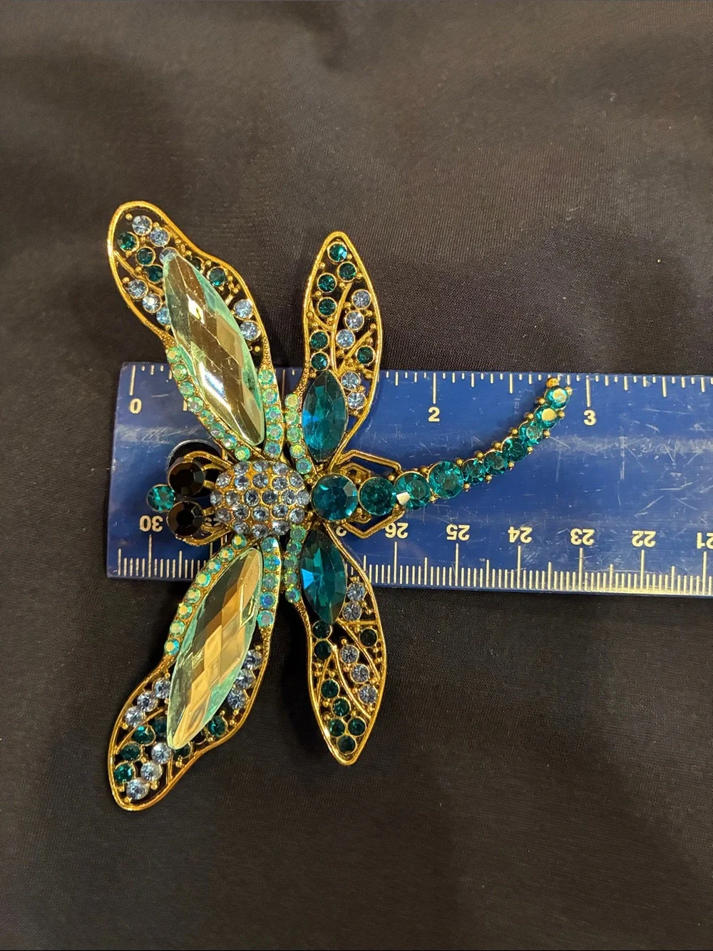Large Blue Dragonfly Brooch - Rhinestone and Crystal and Gold Tones (ABBA) - Picture 12 of 16